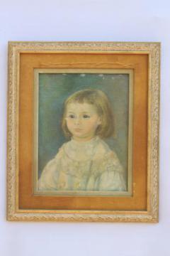 catalog photo of primitive style art child in white picture in shabby vintage gold & velvet frame