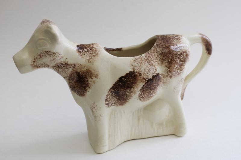 photo of primitive style folk art cow creamer, handmade ceramic artist signed 1990s vintage #1