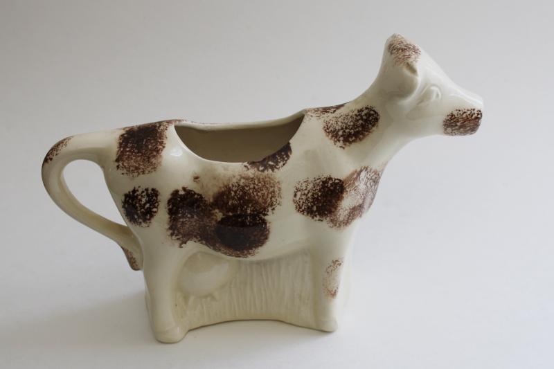 photo of primitive style folk art cow creamer, handmade ceramic artist signed 1990s vintage #3