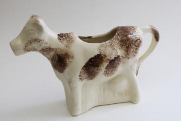 primitive style folk art cow creamer, handmade ceramic artist signed 1990s vintage