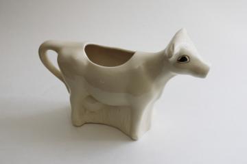 catalog photo of primitive style folk art cow creamer, handmade ceramic artist signed 1990s vintage 