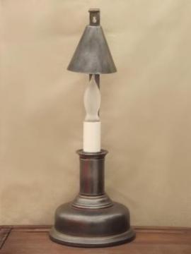 catalog photo of primitive style pewter lamp, electric candle stick lamp w/ bell shade 