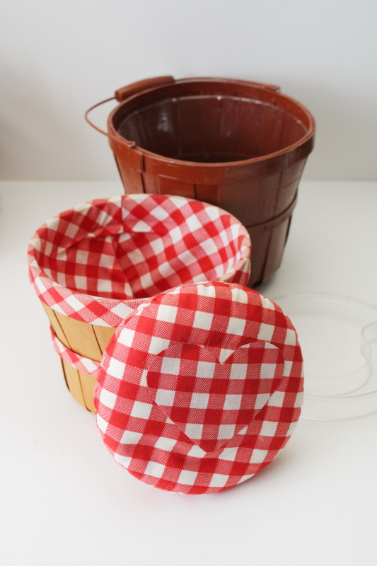 photo of primitive style vintage sewing box handmade from peck basket, red & white gingham heart  #1