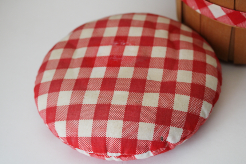 photo of primitive style vintage sewing box handmade from peck basket, red & white gingham heart #4
