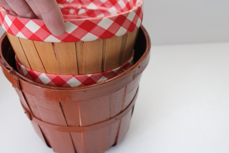 photo of primitive style vintage sewing box handmade from peck basket, red & white gingham heart #6