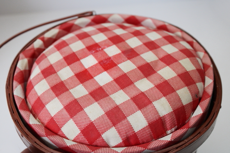 photo of primitive style vintage sewing box handmade from peck basket, red & white gingham heart #7