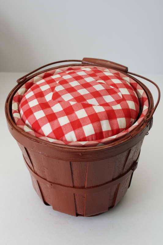 photo of primitive style vintage sewing box handmade from peck basket, red & white gingham heart #8