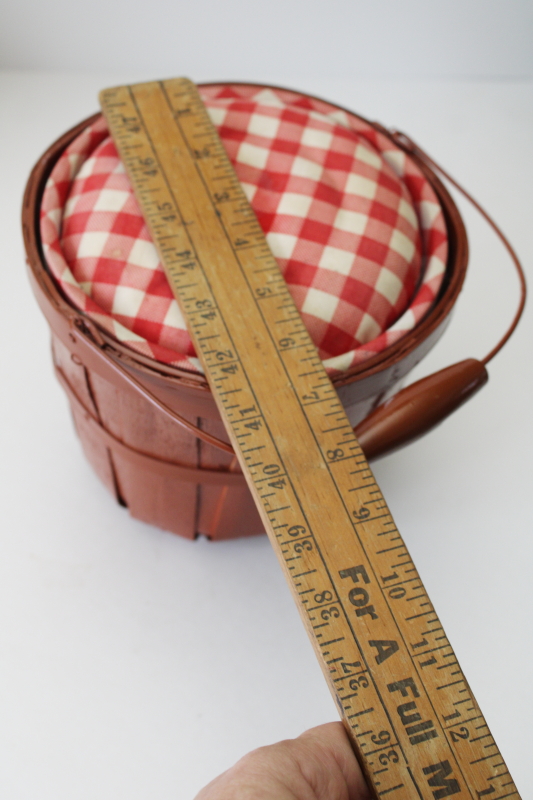 photo of primitive style vintage sewing box handmade from peck basket, red & white gingham heart #9