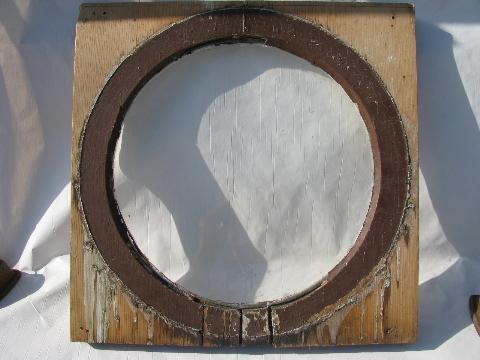 photo of primitive vintage architectural round glass window, old wood frame #3