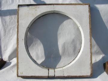 catalog photo of primitive vintage architectural round glass window, old wood frame