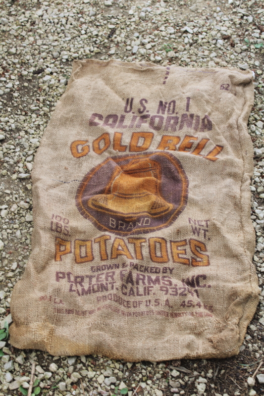 photo of  primitive vintage burlap bag, old potato sack with California Gold Bell graphics  #1