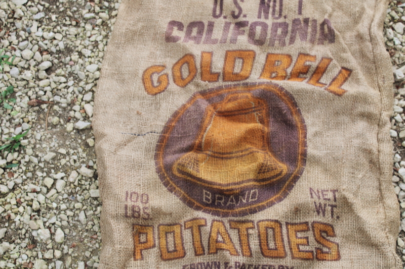 photo of  primitive vintage burlap bag, old potato sack with California Gold Bell graphics  #4