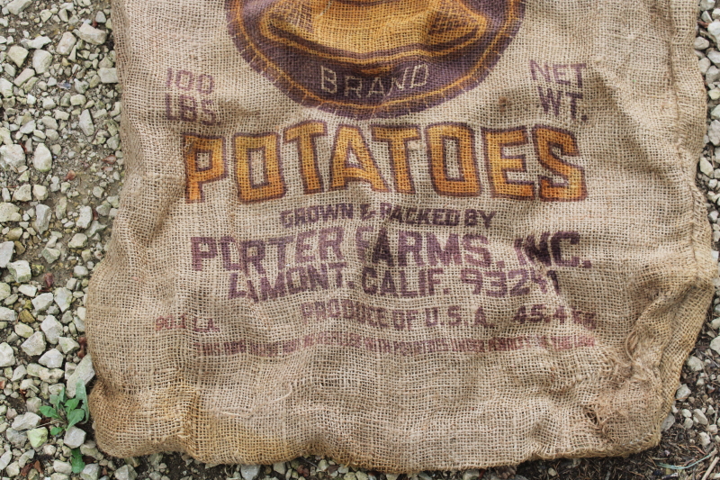 photo of  primitive vintage burlap bag, old potato sack with California Gold Bell graphics  #7