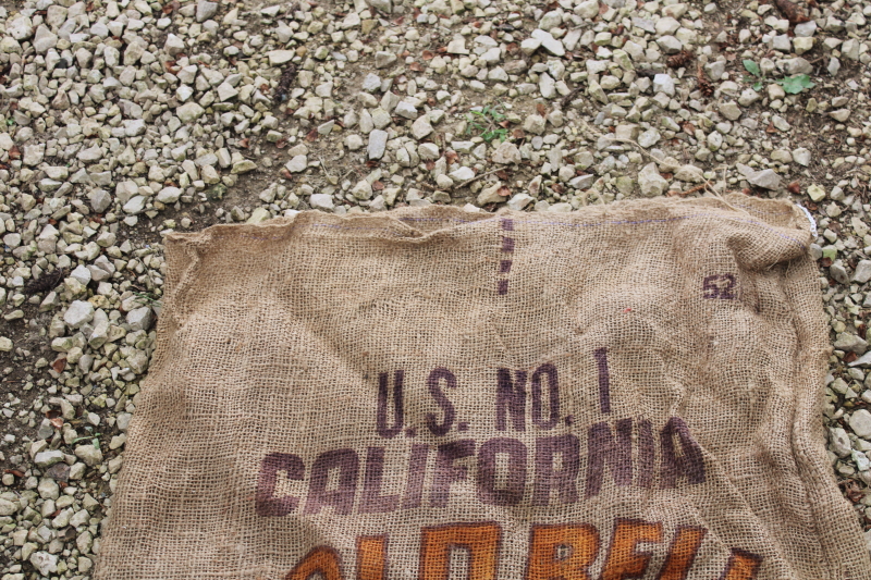 photo of  primitive vintage burlap bag, old potato sack with California Gold Bell graphics  #10