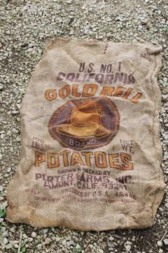  primitive vintage burlap bag, old potato sack with California Gold Bell graphics 