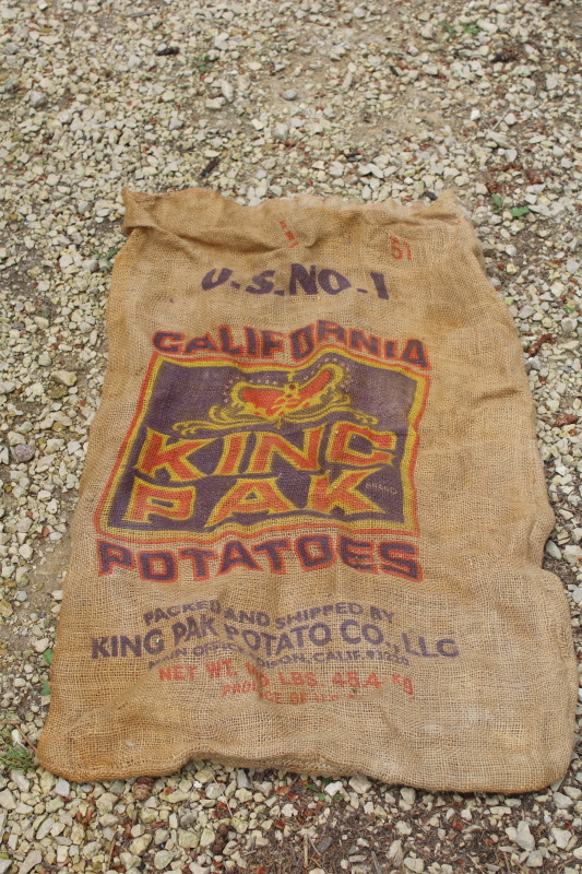 photo of  primitive vintage burlap bag, old potato sack with California King Pak graphics  #1