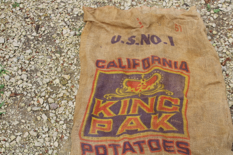 photo of  primitive vintage burlap bag, old potato sack with California King Pak graphics  #3