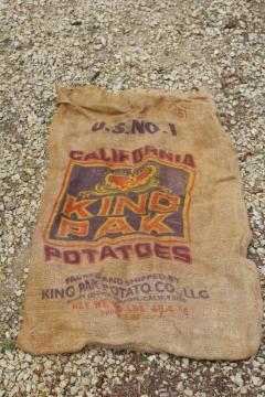 catalog photo of  primitive vintage burlap bag, old potato sack with California King Pak graphics 