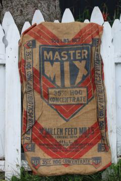 catalog photo of primitive vintage burlap sack from farm feed, Master Mix print graphics