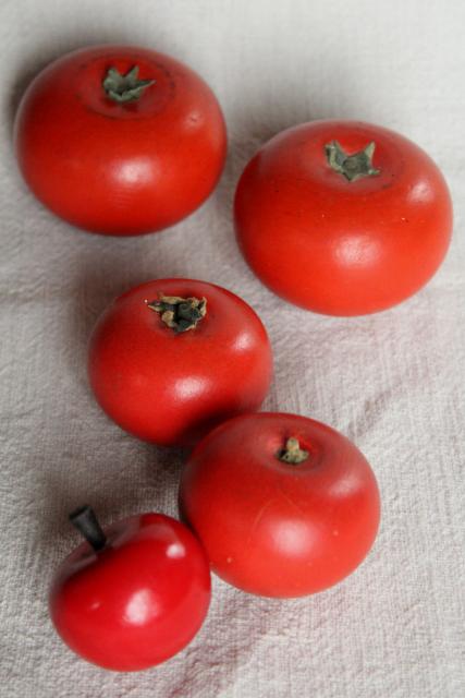 photo of primitive vintage carved wood fruit, red tomatoes or apples, rustic country bowl fillers #1