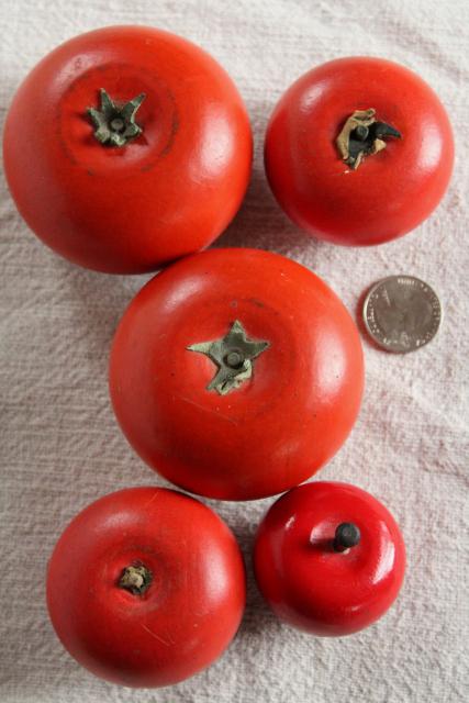 photo of primitive vintage carved wood fruit, red tomatoes or apples, rustic country bowl fillers #2