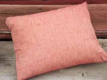 catalog photo of primitive vintage chicken feather pillow, barn red cotton chair cushion