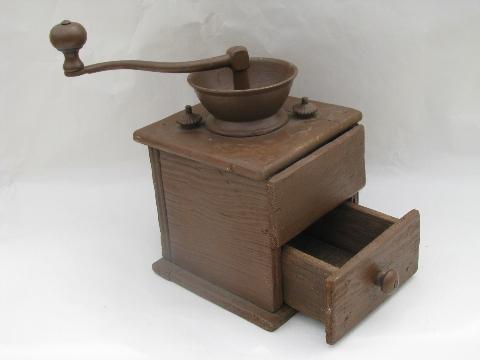 photo of primitive vintage coffee mill, old antique kitchen ware coffee grinder #1