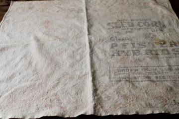 catalog photo of primitive vintage cotton feed sack grain bag fabric w/ old seed corn print graphics