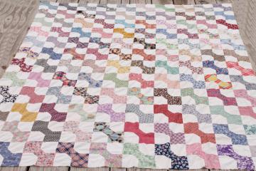 catalog photo of primitive vintage cotton print patchwork quilt top, bow-tie bows in all colors