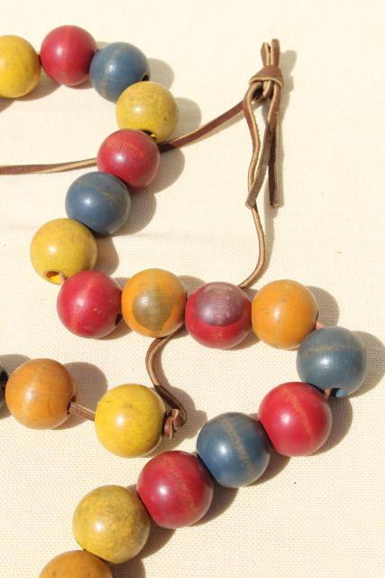 photo of primitive vintage counting string, big round wood beads, wooden beads in primary colors #3