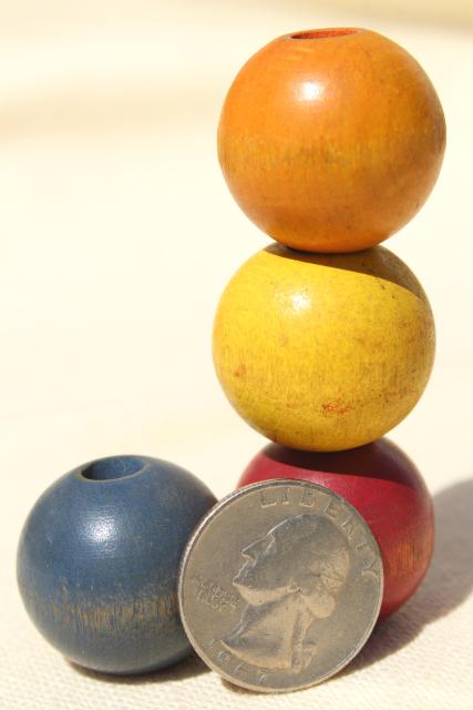 photo of primitive vintage counting string, big round wood beads, wooden beads in primary colors #6