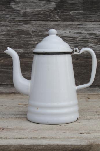 photo of primitive vintage enamelware coffeepot, six cup white enamel coffee or tea pot #1