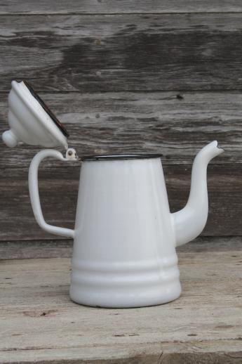 photo of primitive vintage enamelware coffeepot, six cup white enamel coffee or tea pot #3