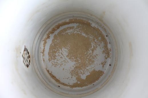 photo of primitive vintage enamelware coffeepot, six cup white enamel coffee or tea pot #7