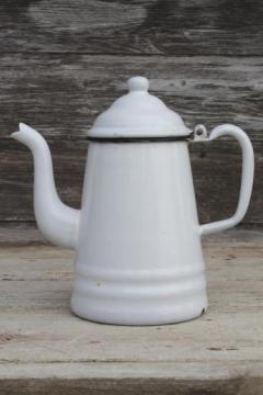 catalog photo of primitive vintage enamelware coffeepot, six cup white enamel coffee or tea pot