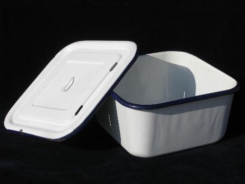 photo of primitive vintage enamelware, graniteware enamel ribbon box w/ cover #1