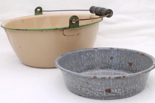 photo of primitive vintage enamelware, grey spatterware pan, cream & green berry pail w/ handle #4