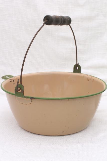 photo of primitive vintage enamelware, grey spatterware pan, cream & green berry pail w/ handle #5