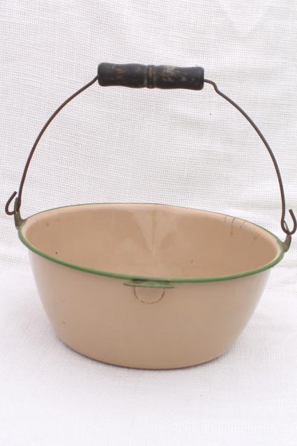 photo of primitive vintage enamelware, grey spatterware pan, cream & green berry pail w/ handle #7