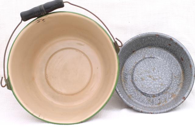 photo of primitive vintage enamelware, grey spatterware pan, cream & green berry pail w/ handle #10