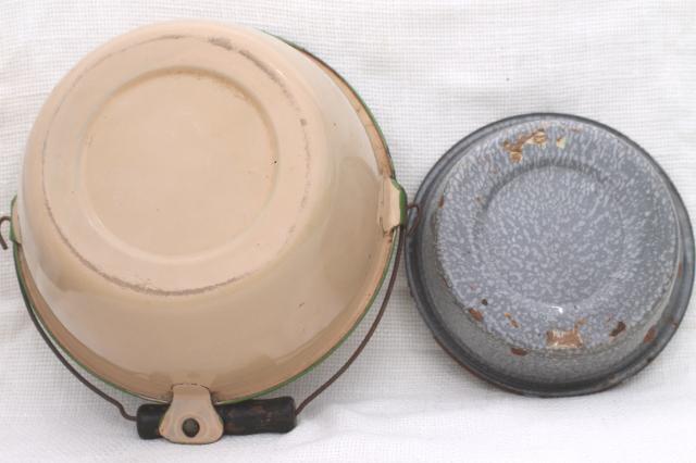 photo of primitive vintage enamelware, grey spatterware pan, cream & green berry pail w/ handle #11
