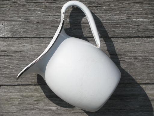 photo of primitive vintage farm kitchen enamelware wash pitcher, white graniteware #1