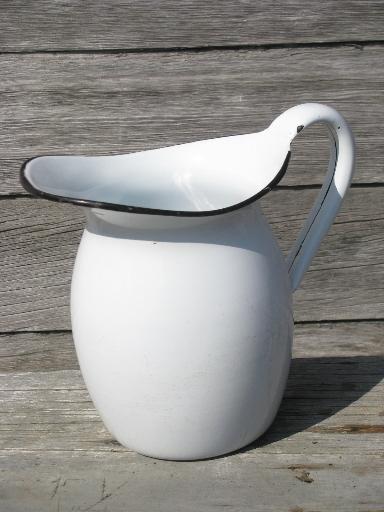 photo of primitive vintage farm kitchen enamelware wash pitcher, white graniteware #2