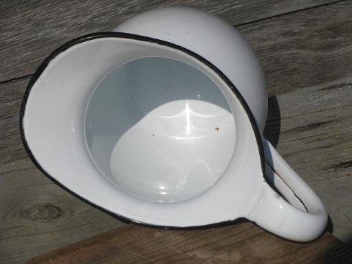 photo of primitive vintage farm kitchen enamelware wash pitcher, white graniteware #3