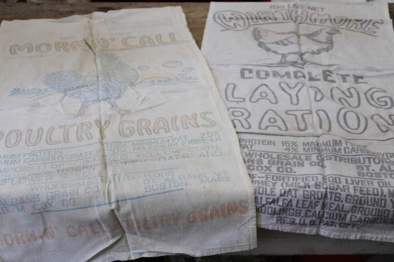 photo of primitive vintage farmhouse kitchen towels, authentic cotton feed sacks chicken print #1