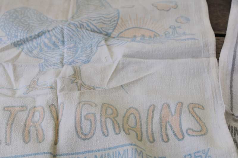 photo of primitive vintage farmhouse kitchen towels, authentic cotton feed sacks chicken print #3