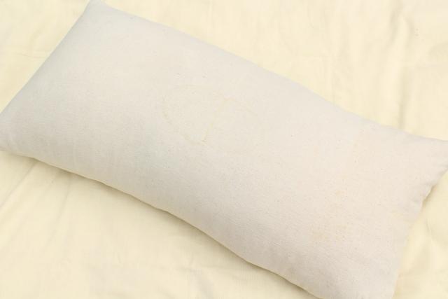 photo of primitive vintage feather pillow, long heavy bolster in homespun cotton grainsack  #1