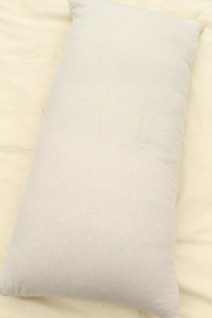 photo of primitive vintage feather pillow, long heavy bolster in homespun cotton grainsack  #2