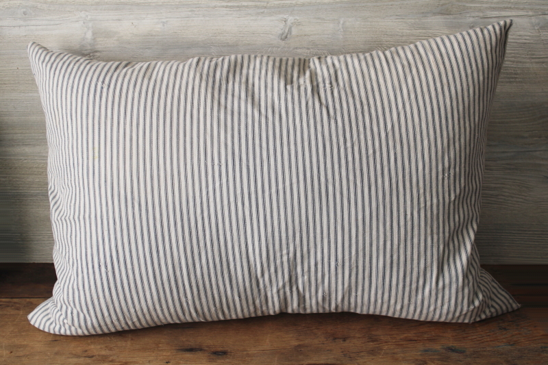 photo of primitive vintage feather pillow, old blue striped cotton ticking fabric  #1