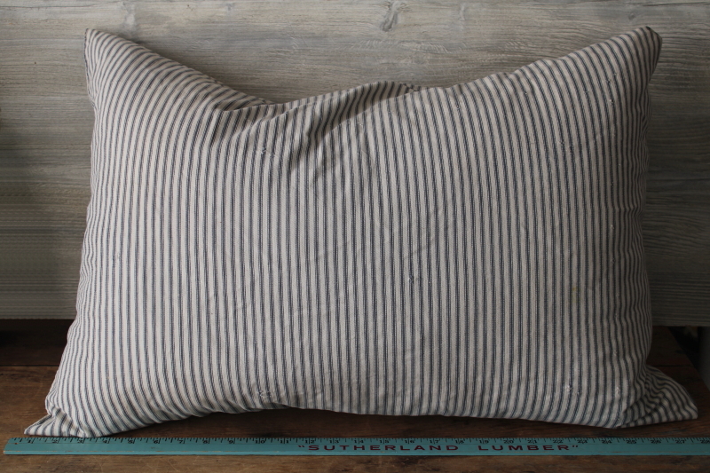 photo of primitive vintage feather pillow, old blue striped cotton ticking fabric  #2